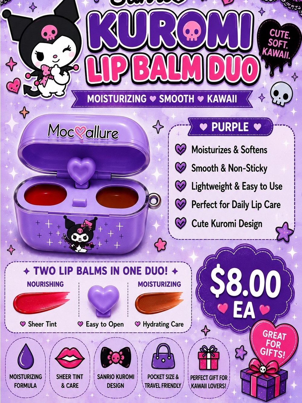 Sanrio Kuromi Lip Balm Duo — Purple Case with Red & Orange Tints